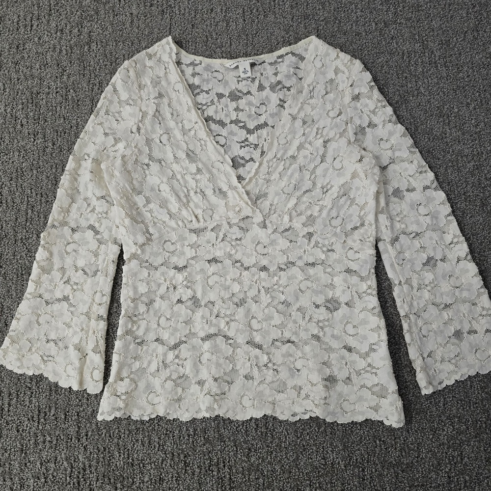 Banana Republic S Made USA Ivory Floral Lace Top Bell Sleeve Romantic Y2K Sheer